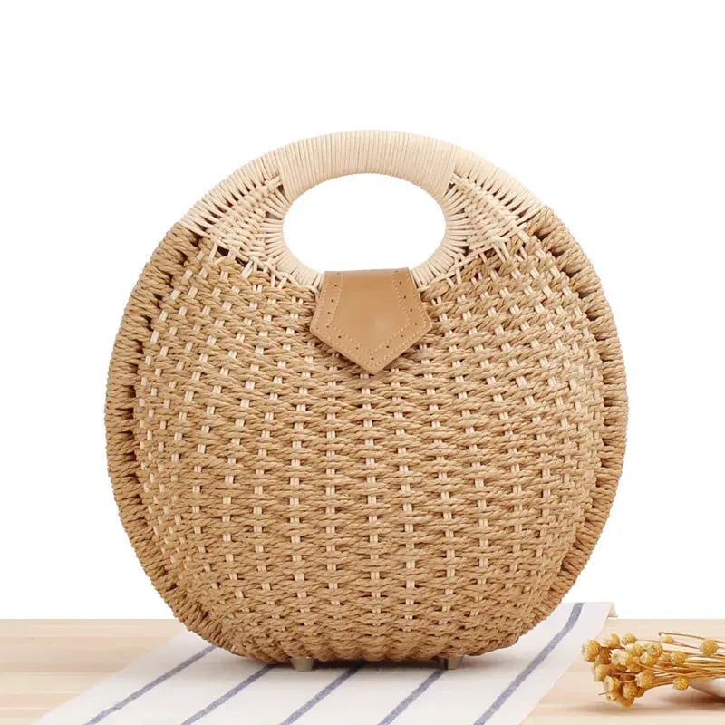 Women's Natural Rattan Handwoven Round Shell Handbag Top-handle Bag Summer Fashion Bohemia Female Casual Tote Clutch Beach Bag Leather&Carry