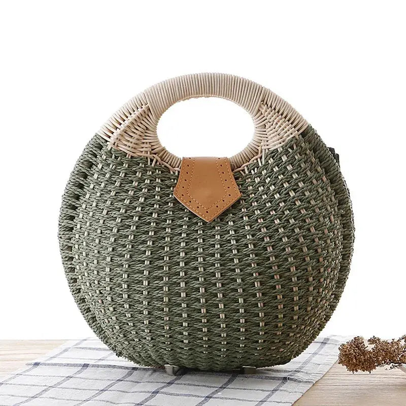 Women's Natural Rattan Handwoven Round Shell Handbag Top-handle Bag Summer Fashion Bohemia Female Casual Tote Clutch Beach Bag Leather&Carry
