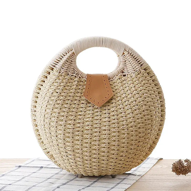 Women's Natural Rattan Handwoven Round Shell Handbag Top-handle Bag Summer Fashion Bohemia Female Casual Tote Clutch Beach Bag Leather&Carry