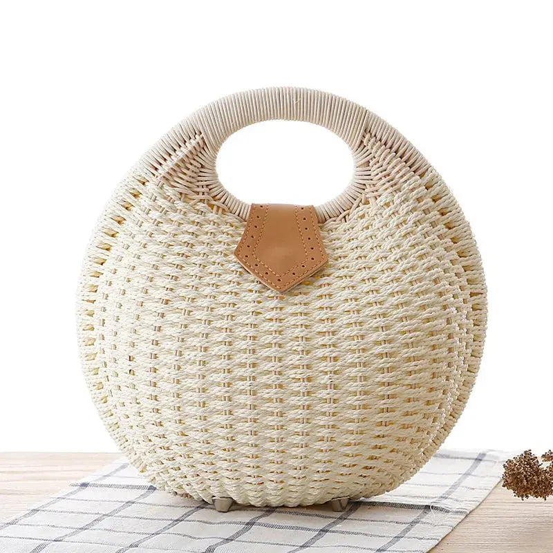 Women's Natural Rattan Handwoven Round Shell Handbag Top-handle Bag Summer Fashion Bohemia Female Casual Tote Clutch Beach Bag Leather&Carry