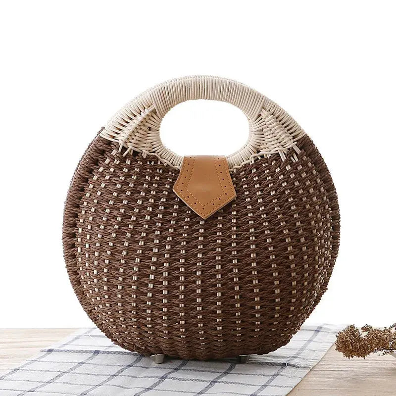 Women's Natural Rattan Handwoven Round Shell Handbag Top-handle Bag Summer Fashion Bohemia Female Casual Tote Clutch Beach Bag Leather&Carry