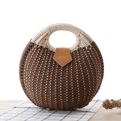 Women's Natural Rattan Handwoven Round Shell Handbag Top-handle Bag Summer Fashion Bohemia Female Casual Tote Clutch Beach Bag Leather&Carry