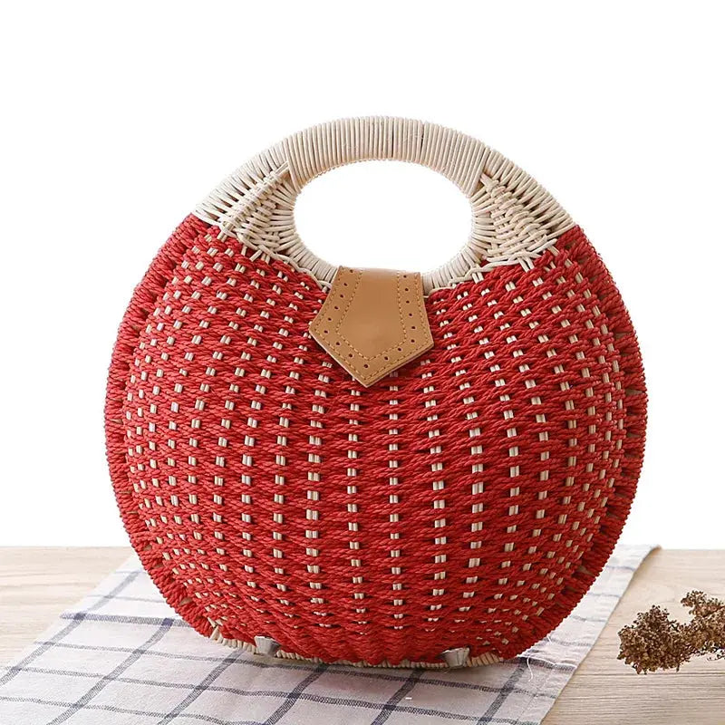 Women's Natural Rattan Handwoven Round Shell Handbag Top-handle Bag Summer Fashion Bohemia Female Casual Tote Clutch Beach Bag Leather&Carry