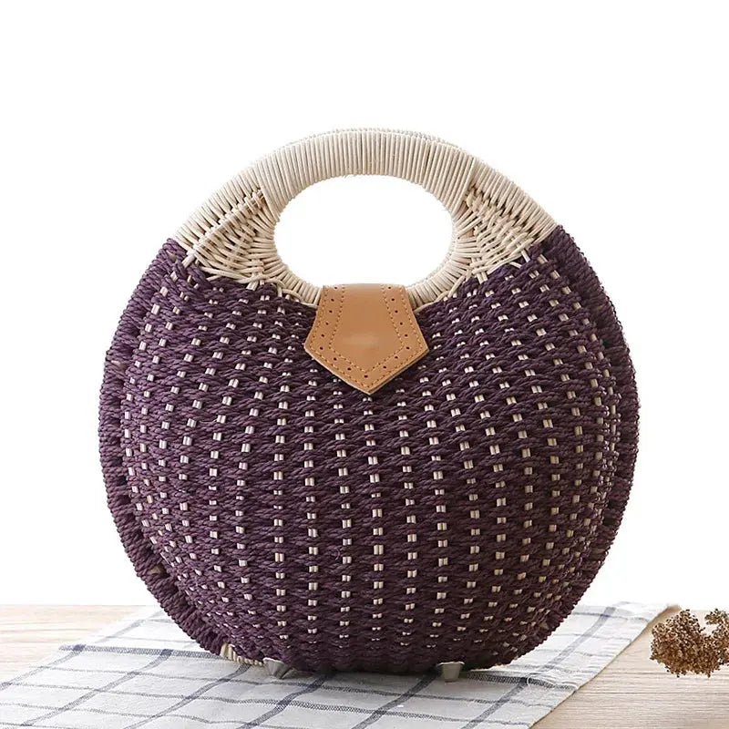 Women's Natural Rattan Handwoven Round Shell Handbag Top-handle Bag Summer Fashion Bohemia Female Casual Tote Clutch Beach Bag Leather&Carry
