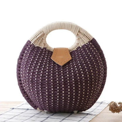 Women's Natural Rattan Handwoven Round Shell Handbag Top-handle Bag Summer Fashion Bohemia Female Casual Tote Clutch Beach Bag Leather&Carry