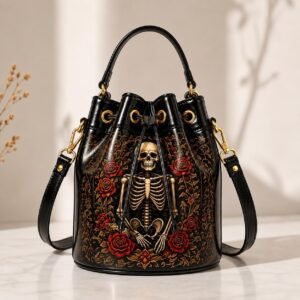 Gothic Skeleton Leather Bucket Bag