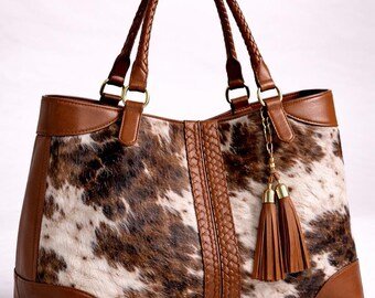 Handmade Brown & White Hair On Cowhide Leather Tote Bag | Genuine Leather