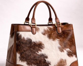 Handmade Brown & White Hair On Cowhide Leather Tote Bag | Genuine Leather