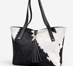 Black White Cowhide Genuine Leather Tote Bag with Tassel – Handmade Purse