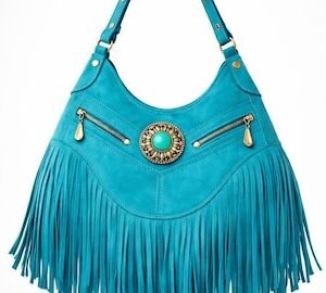 Turquoise Handmade Suede Fringe Shoulder Bag | Western Boho Leather Handbag