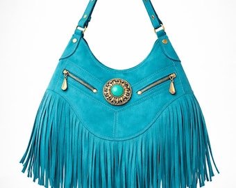 Turquoise Handmade Suede Fringe Shoulder Bag | Western Boho Leather Handbag
