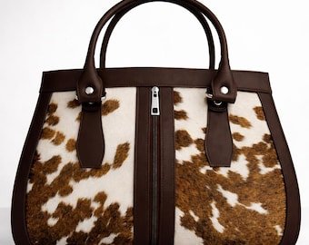 Handmade Cowhide Leather Tote Bag | Brown White Hair-On Everyday Purse