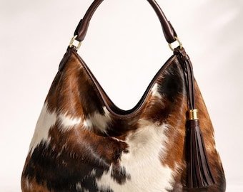 Handmade Genuine Leather Cowhide Hobo Bag with Tassel | Shoulder Purse