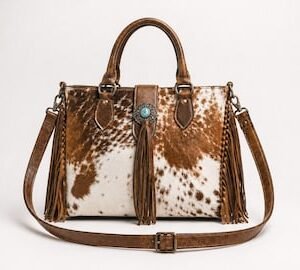 Cowhide Genuine Leather Handbag | Western Boho Fringe Tote with Strap