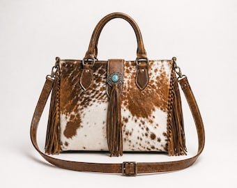 Cowhide Genuine Leather Handbag | Western Boho Fringe Tote with Strap