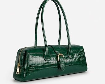 Women's Handmade Emerald Green Croc Embossed Genuine Leather Shoulder Bag