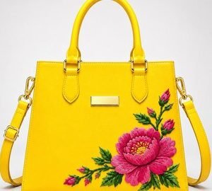 Women Yellow Handmade Genuine Leather Tote Bag with Pink Floral Embroidery