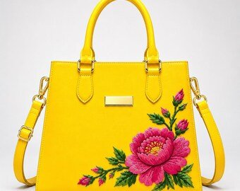 Women Yellow Handmade Genuine Leather Tote Bag with Pink Floral Embroidery