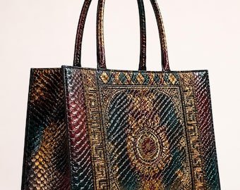 Snakeskin Embossed Genuine Leather Tote Bag | Handmade Statement Print Purse