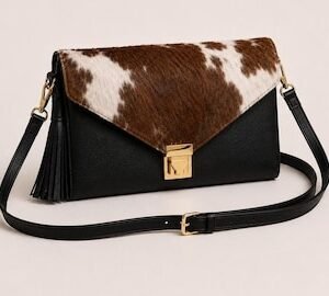 Handmade Black Brown Hair On Cowhide Leather Crossbody Clutch Purse for Women
