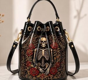Handmade Genuine Leather Halloween Bucket Bag, Gothic Skeleton Roses Artwork