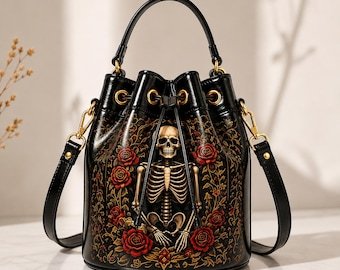 Handmade Genuine Leather Halloween Bucket Bag, Gothic Skeleton Roses Artwork
