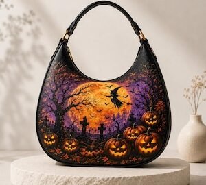 Halloween Genuine Leather Hobo Bag - Handmade Gothic Pumpkin Purse For Women